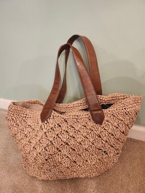Woven Tote Bag with Brown Faux-Leather Straps